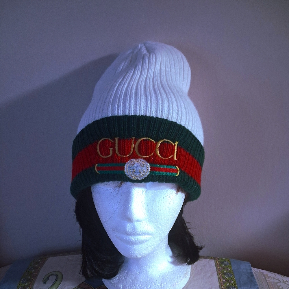 NEW Custom Made Designer Unisex White, Green & Gold Logo Beanie Winter Hat - Picture 2 of 10